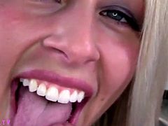Pretty blonde gives POV blow job and get a load in her mouth