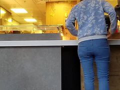 Sweet brunette with ass in tight jeans