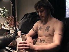 Soon hes stripping naked and oiling up his cock. I start to blow him and when he gets stiff I pull out my own hard cock and begin rubbing it against his. Buzz pushes my head down on his cock and in no time he busts his nut on my tongue, and I swallow it all.