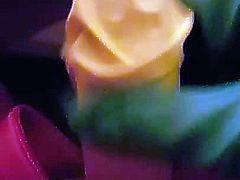 Masturbating with rubber gloves wearing a red rubber catsuit