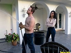 This stunning and busty milf was turned on by her man, walking around in the backyard without a shirt on. Right then she knew that she needed to pull her boobs out and take his big cock between her massive breasts. He is going to be able to unload his jizz all over her beautiful boobs.