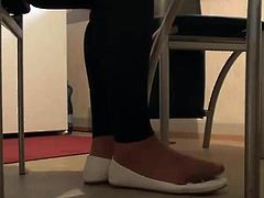 Stepsister in white ballerinas, nylons and black leggings