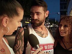 Couple found on the streets in Germany agrees to fuck on camera, but this hot redhead gets to fuck a random guy in front of her boyfriend. He slams her pussy hard and deep until he pulls out and covers her in cum.