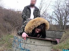 Victoria has the hunger to be a star for sure. She is willing to do about anything anywhere for money, so she could make a bit in porn with a real agent. I'm just out for a fuck, and I got her to drop those pants and give up that pussy. It's really warm to counter the chill outside.