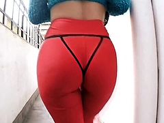 Big Cameltoe and Round Ass Babe In Tight Red Spandex
