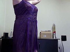 Fake Boobs - posing in long purple dress, shaved body