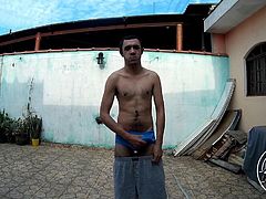 Brazilian men showing bulge at his blue underwear