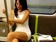 Brunette goes on subway without panties