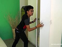 Living alone in a big house secluded in the hills can make a gay Asian boy desperate for gay sex. Argie walks in on a burglar rumaging through his cabinets and decides to teach him a lesson. He ties the cute young burglar to the bed and strips him naked. He then begins oral sex and soon the boys are doing a 69 cock sucking on the bed. But thats not enough for Argie. He wants to bareback fuck this Asian boy. The burglar doesnt seem to mind. The fact hes not resisting one bit makes it apparent