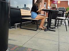 Amazing Bare Thighs Denim Miniskirt Heels Starbucks Tease