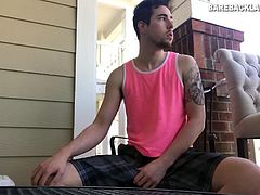 Our featured solo boy of the week is Cole Summers. Seated outside, and in view of the street, he frequently looks over his shoulders as his stiff dick comes out and he begins stroking. Then the pants come off and it isnt long before he is shooting his load, which ends up dripping off his fingers. After a quick clean up his pants are back on, with no one in the neighborhood the wiser.