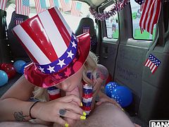 It seems that this year, the celebration of the Independence Day will be special for Brick Danger and Stella Raee. They are preparing for the holiday right here, in the back seat of our legendary bang bus. Watch Stella sucking Brick's huge dick, before fucking in cowgirl position...