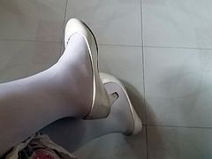 White Patent Pumps with Pantyhose Teaser