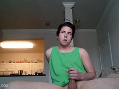 We look in on young Cole Summers for another one of his jerk off sessions, and in no time hes pulling that stiff meat out the leg of his shorts. He gives his dick some attention, before finally ditching the shorts and stroking with determination. Flat on his back, the young man works himself to the edge of climax and then sits up to point his cock at the camera, just in time to catch the cum spewing conclusion.