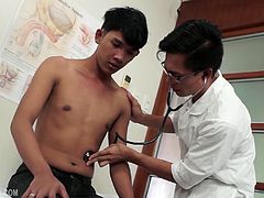 When Doctor Argie instructs Asian twink Freddy to strip naked for his medical exam, he gets a boner. The horny doctor loves Freddys silky smooth Asian skin and adorable Asian boy face, and a bareback fuck session, on the exam table, is inevitable. Of course, the kinky doctor needs to explore Freddys sweet Asian ass hole thoroughly, starting with his finger.