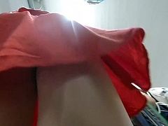 Upskirt blonde in red dress with faceshoot