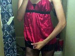 Crossdresser wearing lingerie getting excited