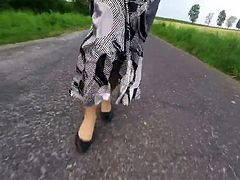 PoV walking in a long satin skirt