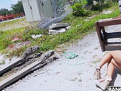 This naughty babe is so horny that she is even willing to get fucked hard outside on a dirty construction site. Her man bends her over hard and rams her tight pussy from behind. She’s on her knees and sucking him hard, so she gets all of his cum.