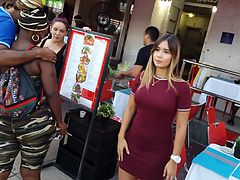 Candid voyeur thick latina in tight maroon dress public