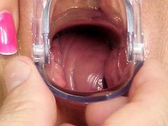 Brunette doctor gaping with cumshot