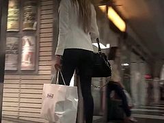 Candid Brunette shopping in Leather Pants and High Heels