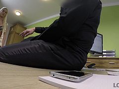 The blonde babe came with the strong intent to get this loan by all means. She starts with a blowjob, sucking his dick and swollen balls, and proceeded, offering him her tight pussy... Join and watch hottest sex right on office table!