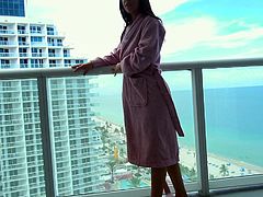 I am incredibly lucky today! Right now the seductive young beauty is standing on the balcony of my hotel room and one small detail... she is absolutely naked and her tight pussy is already wet. What do you think we will do now?