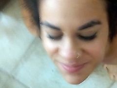 Dirty mexican Ellie gets a huge facial after sucking my cock