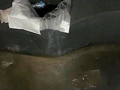Super long piss stream from big cock in dirty portapotty