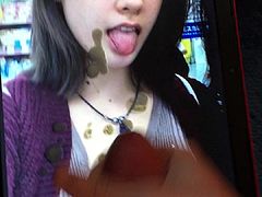 Cum Tribute on a mixed white and asian teen's face