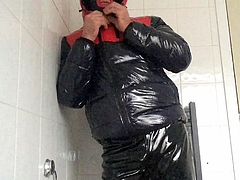 Shiny pvc clothed wank and cum