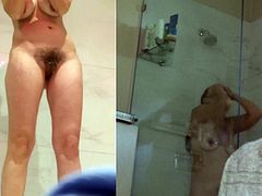 Hairy brunette washing hair on shower cam