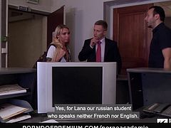 PORNO ACADEMIE - Hot school girl Lara Sins gives footjob, gets fucked deep then cum covered