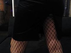 Upskirt fishnet stocking flashing exhib with toy  in her cun