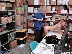 This inexperienced thief wanted to steal a mobile phone, but she didn’t know that there was an excellent security system in our store. Now the slender blonde teen sits naked in the guard room and prepares to suck his hard dick as punishment. Join to see!