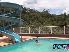 Tranny baywatch gangbang fantasy comes out at the outdoor pool