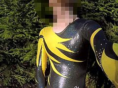 young boy in shiny leotard play and cum outdoor