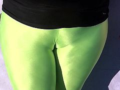 Spandex Angel - Lime green public camel toe no panties