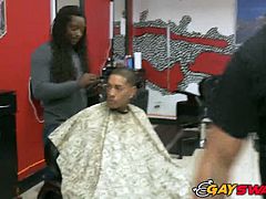 As they enter barbershop horny cops subject a suspect and make him get on his knees to suck their cocks before they fuck him doggystyle