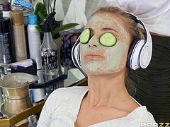 While his wife makes a beauty mask in the salon, her husband, right behind her, cheats on her with the seductive salon manager. The busty blonde milf is so horny that she is not even afraid to be caught in that moment when Keiran licks her wet pussy