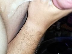 Chubby boy jerking small lubed dick with great cumshot