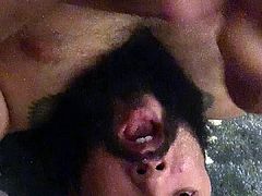 Bearded dude jerking off and swallowing his own load