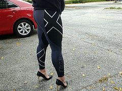 Parking lot leggings and heels walk