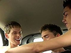 Homo fellows gangbang mouths and assholes hard in a car