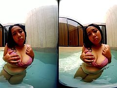 No one has such huge, huge tits like me and it makes you horny to see how I knead and play with them. So I always get you horny. For this I play in the warm water of our swimming pool and let you watch nice from the outside until you just want to get your cock out of your pants to jerk. Excellent! That is exactly how I want you!