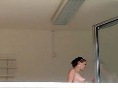 busty german cleans window with her tits.