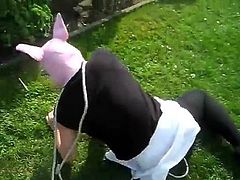 Amateur German Mistress abuses slave-pig in public - caning