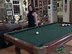 Hot MILFs stripping while playing pool ending up fingering and licking each others pussies on the pool table