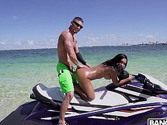 This hot fuck session is generally full of romance. Crystal clear water around, the sun is shining brightly and they are having sex right on a jet ski. Everything is perfect, as perfect as her huge bubble butt... Relax and enjoy impetuous sex action!